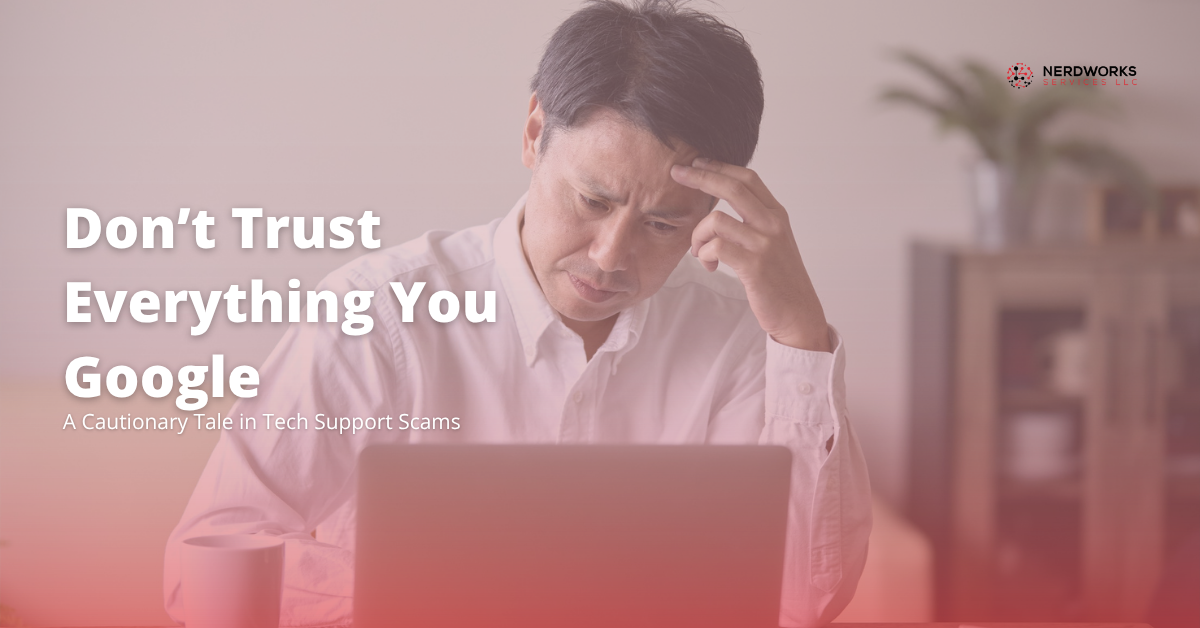 Illustration of a concerned business owner using a laptop with pop-up scam warnings on the screen, symbolizing tech support scams.